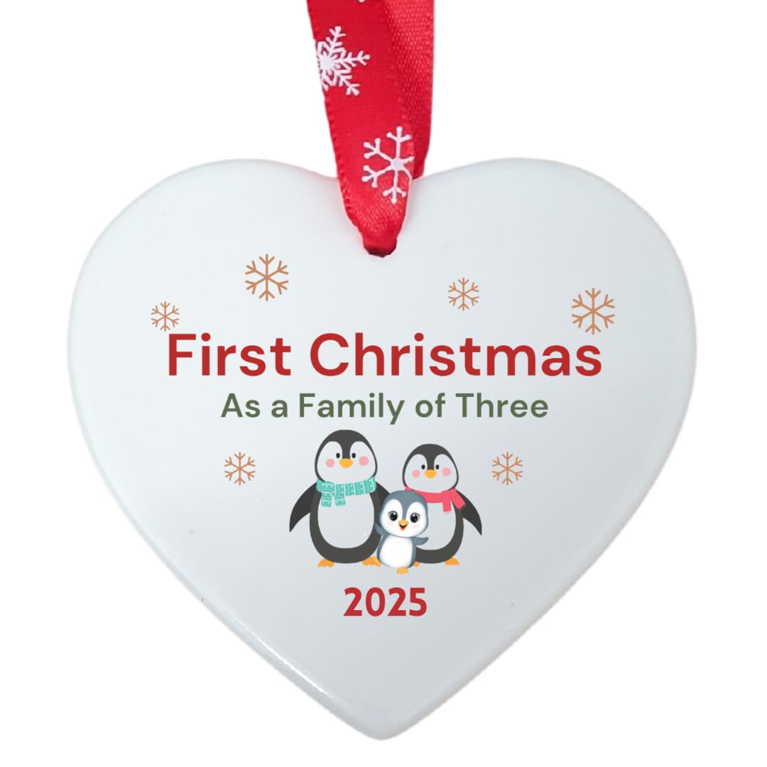 Second Ave First Christmas as a Family of Three Penguin Ceramic Hanging Heart Xmas Tree Decoration Bauble