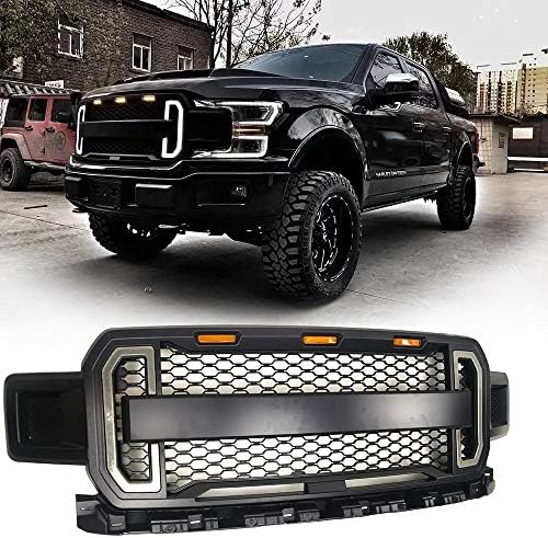 Front Bumper Grill for Ford F150 Raptor (2018-),Radiator Decorative Grille with Led Daytime Running Lights and Conversion Lights, ABS Black Matte