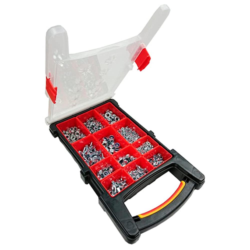 Merriway BH06623 (1000 Pcs) Assortment of BZP Hex, Nylon (Nyloc) Self Locking Nuts & Wing Nuts in a 12 Compartment Carry Case - Pack of 1000 Pieces