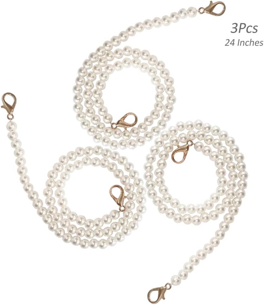 3Pcs DIY Round Imitation Pearl Bead Replacement Chain Strap, Creatiees Handbag Chains Accessories Purse Shoulder Cross Body Straps with Metal Buckles (60cm/24 Inches)