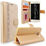 S6 Edge Case, Galaxy S6 Edge Case, Cellularvilla [Diamond Jewel] Embossed Flower Design Premium PU Leather Wallet Case [Card Slots] Folio Flip Cover For Samsung Galaxy S6 Edge G925 (Golden Bling)