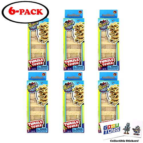 Pocket Travel 4.75" Mini Stacking Blocks Tumble Tower (6 Pack) Real Wood for Kids on The Go Fun Small Stackable Tumbling Towers with 2 GosuToys Stickers