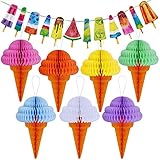 Supla Ice Cream Party Decorations Set 6.56' Ice Cream Paper Garland Banner and 7 Ice Cream Tissue Paper Ice Cream Cone Honeycomb Balls 12.4
