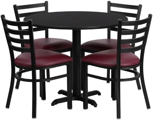 36'' Round Black Laminate Table Set of 4 Ladder Back Metal Chairs Burgundy Vinyl Seat Prong Base