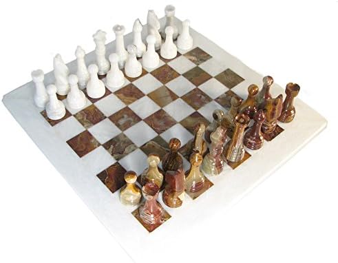 Arriza 16" Rustic Green & White Marble Chess Set w/ White Border