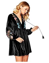 Aofur - Mini vestido para mujer, estilo bohemio, vintage, bordado, de terciopelo, con muelle, manga larga, informal, blusa