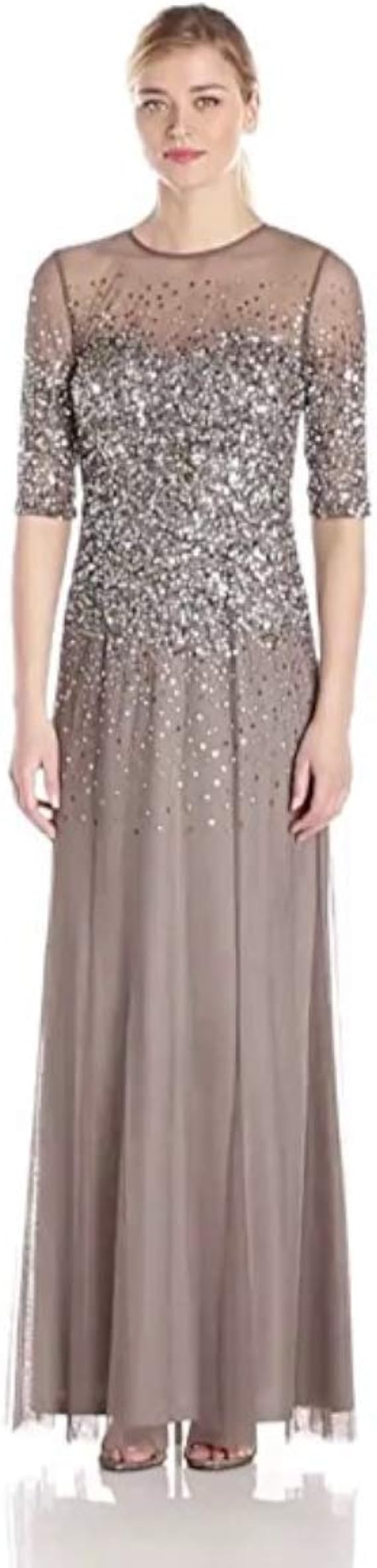 Adrianna Papell 3/4 Sleeve Beaded Illusion Gown Sweetheart Neckline at