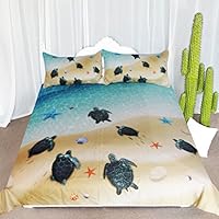 ARIGHTEX Hawaii Tortoise Bedding 3 Piece Aqua Turquoise Coastal Duvet Cover Kid Teen Honu Sea Turtles Starfish Ocean Animals Bed Set (Twin)