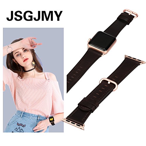 Apple Watch Band 38mm, JFdragon Dark Brown Oil-wax Vintage leather Replacement Iwatch Wrist Strap with Series 3 Metal Clasp for Apple Watch Series 3 Gold Aluminum - Thumbnail 7