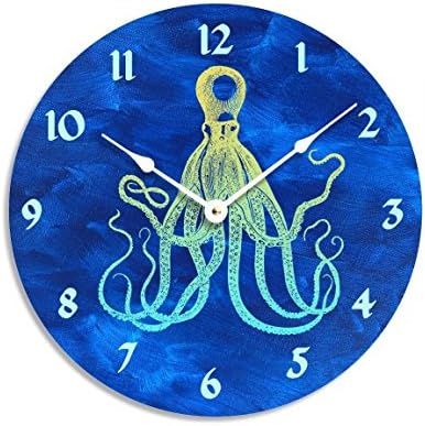 Vintage octopus design on dark blue acrylic painted background 10 inch wall clock. Dark blue, yellow and green colors.
