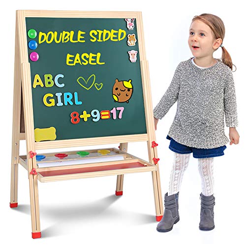 GEMEM Adjustable Wooden Easel Board Double Sided Children Art Easels Chalkboard Magnetic Dry Erase Board with Paper Roll and Accessories for Kids Toddlers Painting and Drawing