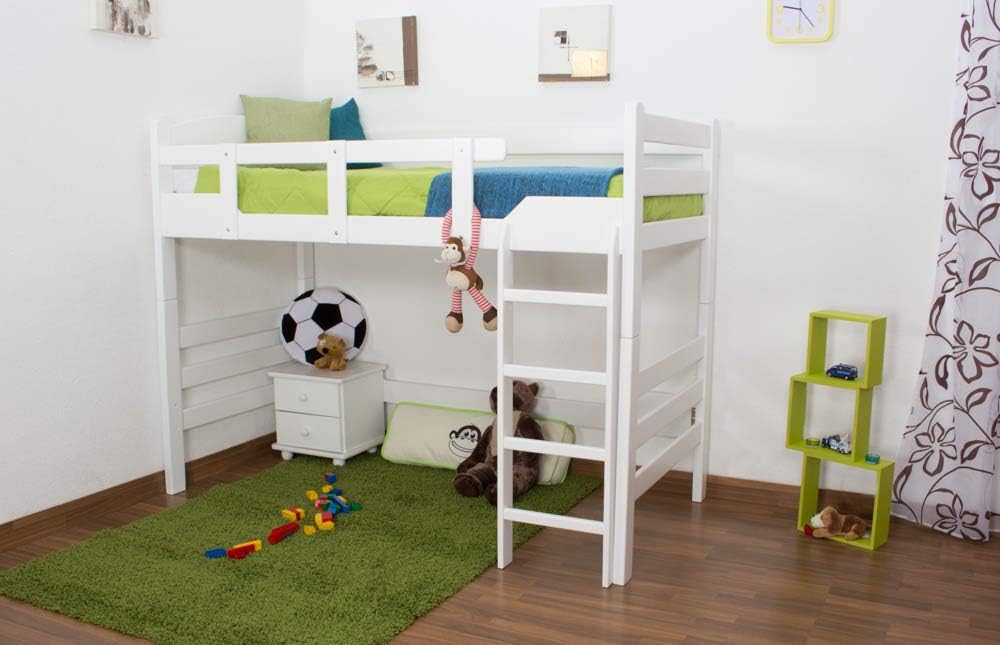 Highsleeper Bed"Easy Furniture" K14/n, Solid Beech Wood, White Finish, Convertible - 90 x 190 cm