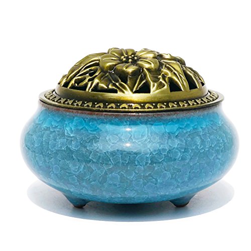 Cone Incense Burner with Brass Calabash Incense Stick Holder - Chinese Porcelain Decorated Censer - Ceramic Incense Ash Catcher Tray Bowl (Sky Blue)