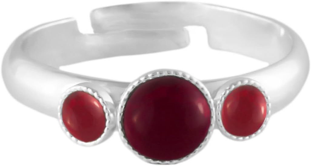 Rings 925 Silver Plated Minimalist Adjustable Universal Size Trio oOo Crystal Ruby Red Round Czech Glass Stone Dark Handmade BohemStyle