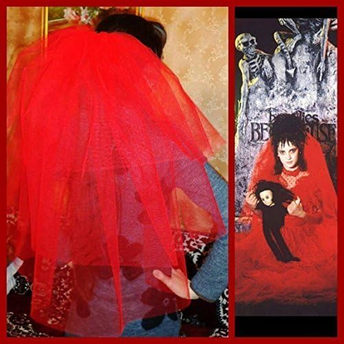 Julsera BoutiqueHalloween party Veil 3-tier red, Halloween costume idea. Lydia Deetz halloween costume veil. Bachelorette veil, long length. Halloween night