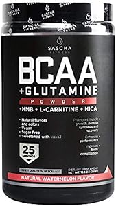 Sascha Fitness BCAA 4:1:1 + Glutamine,HMB,L-Carnitine,HICA | Powerful and Instant Powder Blend with Branched Chain Amino Acids (BCAAs) for Pre,Intra and Post-Workout | Natural Watermelon Flavor,350g
