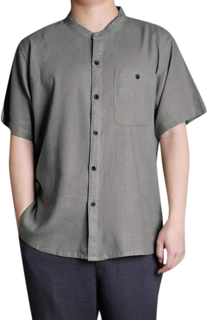 Mens Shirts Linen Tronet Men's Baggy Cotton Linen Solid Button Short Sleeve Retro T Shirts Tops Blouse