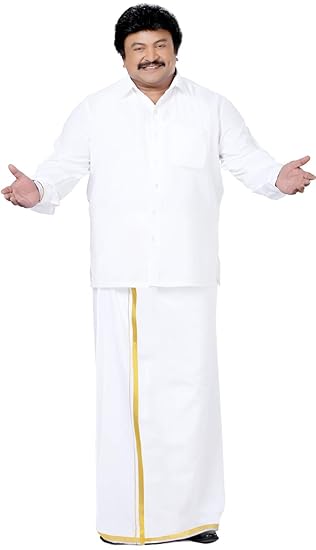 Men's Pure Cotton Double Dhoti(105_White With Zari Border_4m)