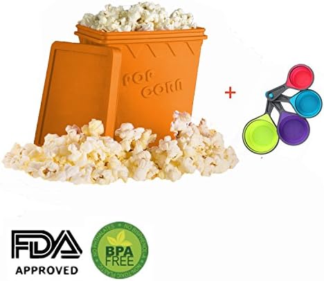 Yzakka Microwave Popcorn Popper Maker No Oil Needed Fast and Easy Homemade Popcorn FDA Approved Food Grade Silicone BPA Free with Free Measuring Spoons Set of 4 Orange