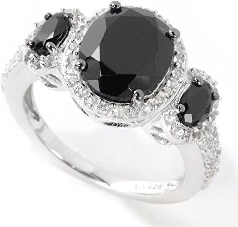 V3 Jewelry Sterling Silver 4.59cttw Oval Black Spinel and White Topaz Three Stone Halo Ring