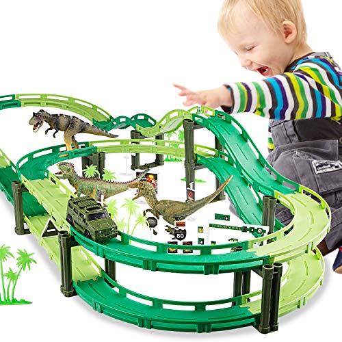 Tencoz Dinosaur Train Track, Race Track Dinosaur Toy Race Car Flexible Tracks with 1 Car and 3 Dinosaurs Toys for Girls Boys Christmas & Birthday Gift (50 pcs)