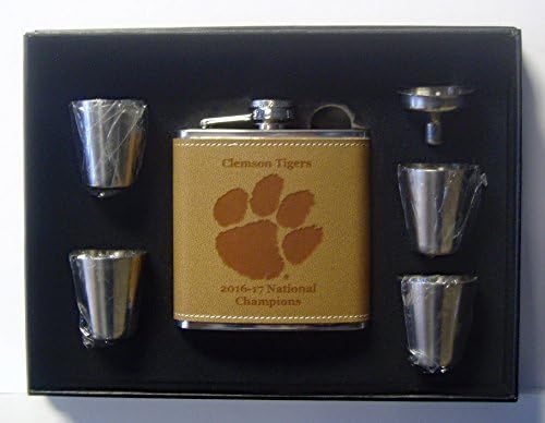 University of Clemson Tigers 2017 National Champions Leather 6 oz engraved stainless steel flask with 4 stainless steel shotglasses and a funnel in a black presentation box