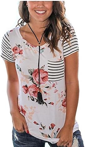 Womens Short Sleeve Floral Casual Top Blouse Summer Soft Stripe Tee Shirt (XXXL, White)