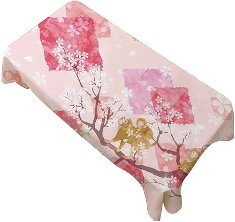 Amazon 北欧 復古木目調 テーブルクロス花の家の装飾 140x0 綿麻 生地 吸水 耐熱 長方形 防塵 耐熱 滑り止め ナチュラル ミニマルな背景イラストピンクの赤いクリームと花の木の枝に猿の家族 テーブルクロス オンライン通販