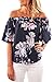 YOINS Women Top Navy Random Floral Print Off Shoulder Irregular Hem T-shirt Picture M
