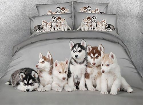 Ammybeddings Soft Comforter Sets King Size,1 Grey Duvet Covers King and 1 Bed Sheet,1 White Down Comforter and 2 Pillow Shams,5 PCS Design Adorable Puppies Bedding Sets,Modern Luxury Bedroom Sets