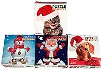 Holiday Puzzle Bundle (Pack Four 100 Piece Puzzles) - Snowman On Skis, Santa, Holiday Puppy, And Holiday Kitten