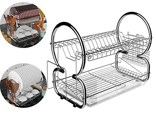 Meflying 2-Tier Dish Rack, Stainless Steel Dish Rack Drain Board Drainer Dryer Tray Holder For Glass Cup Home Kitchen - Thumbnail 7