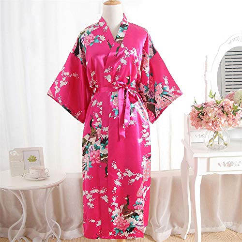 CofeeMO Kimono Satin Floral Print Wrap Pajamas for Women,Soft Flare Sleeve Bathrobe Nightdress(Hot Pink,Free Size) - Thumbnail 2