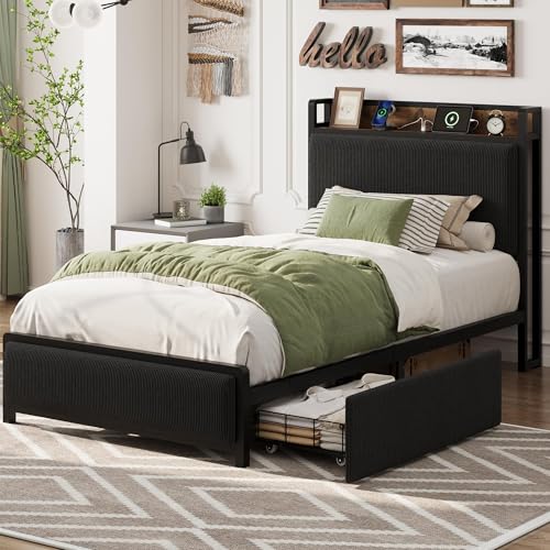Twin Size Bed Frame with 2 Storage Drawers & USB Charging Station, Rustic Linen Upholstered Platform Bed, Heavy Duty No Box Spring Needed, Easy Assembly, Noise Free, Black