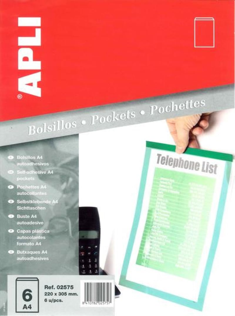 APLI 002575 A4 Self-Adhesive Document Pockets 220 x 305 mm Pack of 6