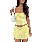 Women Two Piece Mini Skirt Set Y2k Tie Front Crop Tube Top Ruffle Short Skirt Summer Matching Outfits