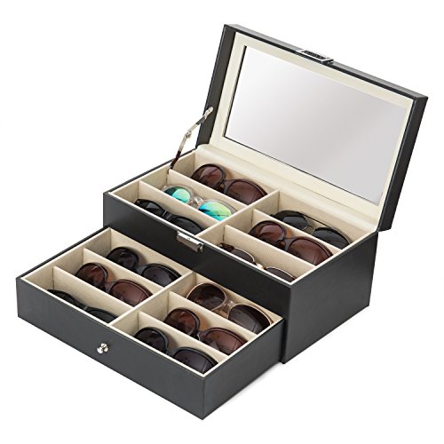 MyGift Deluxe Black Sunglass Storage Case 12 Slot Eyewear Display Box with Glass Lid and