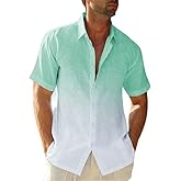 Beotyshow Mens Gradient Linen Shirts Casual Button Down Short Sleeve Beach Summer Shirts