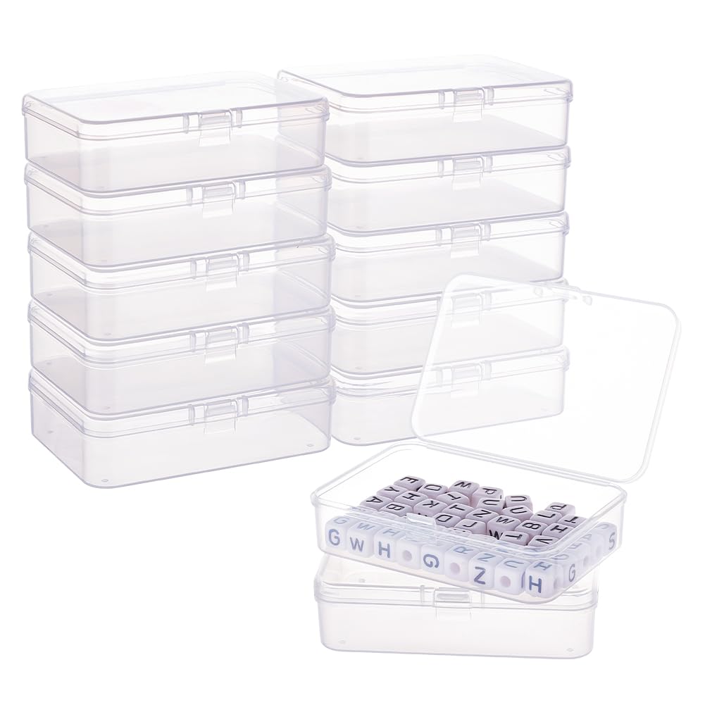 BENECREAT 12 pack rectangle Clear Plastic Bead Storage Containers Box Case with Flip-Up Lids for Tiny Bead,Jewerlry Findings(9.4cmx6.4cmx2.6cm)