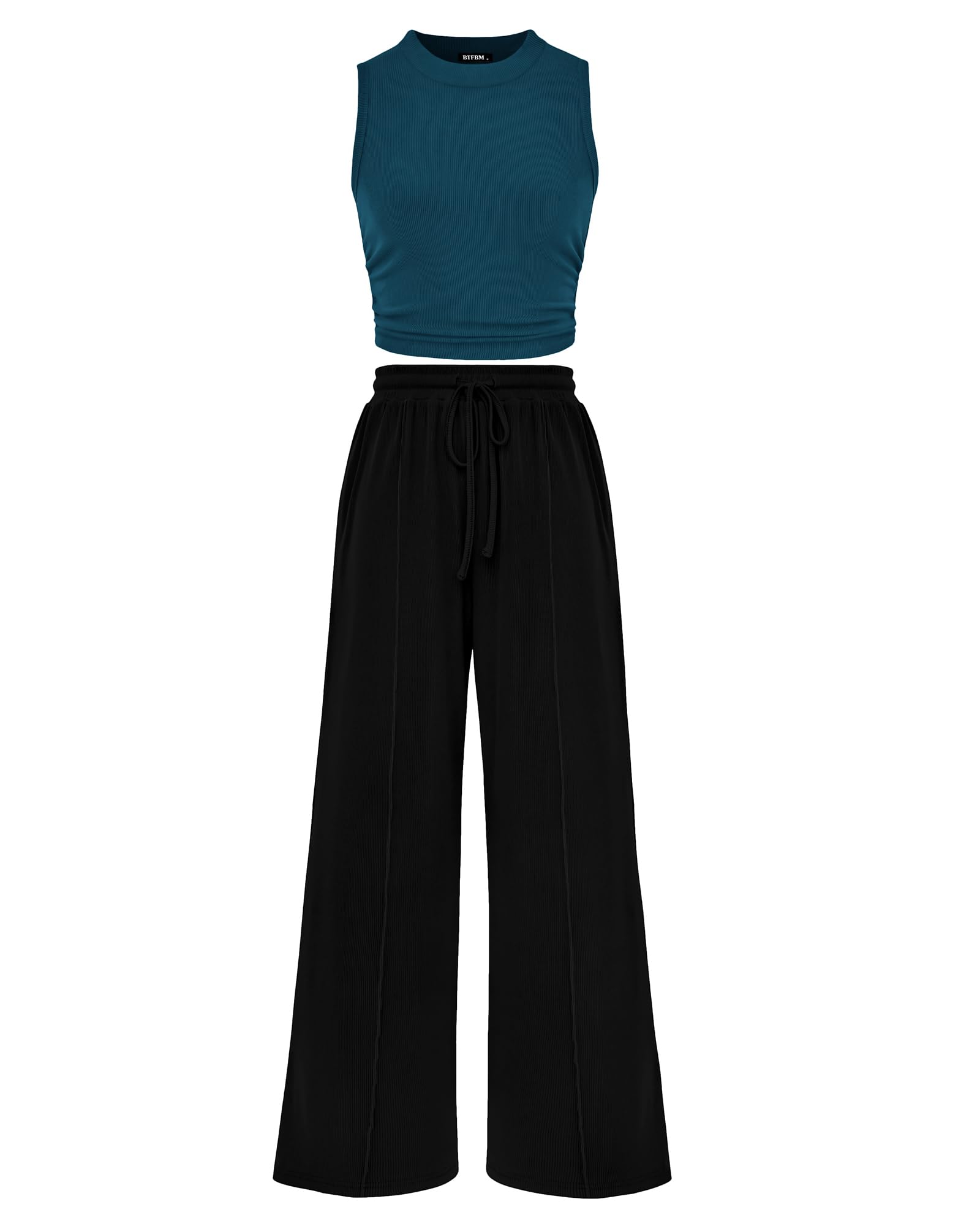 Photo 1 of **** BOTTOMS ONLY **** BTFBM Women Summer 2 Piece Outfits 2025 Beach Crew Neck Sleeveless Cropped Top Elastic Waist Wide Leg Pants Lounge Set(Lake Blue Black, Large)
