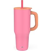 Zak Designs Sutton Travel Tumbler for On the Go, 40oz Stainless Steel with Vacuum Insulation, Silicone Straw, and Carry Handle for Cold Drinks (So Sweet Pink)