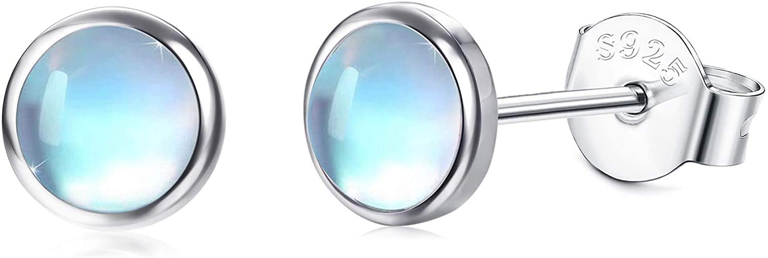 MILACOLATO 925 Sterling Silver Moonstone Stud Earrings 14K White Gold Synthetic Round Moonstone Stud Earrings Small Studs Earring for Women 4MM