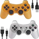 Wireless Controllers for PS3 Playstation 3 Dual Shock, Bluetooth Remote Joystick Gamepad for Six-axis with Charging Cable,Pack of 2(Gold and Silver)