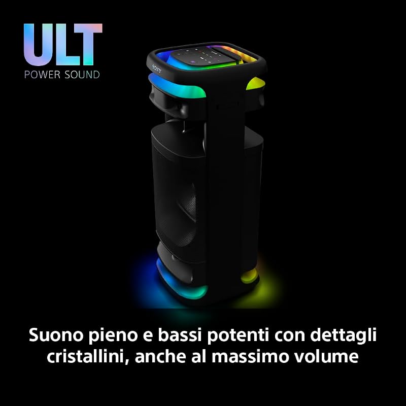 ULT TOWER 10 - Altoparlante Bluetooth per feste con ULT POWER SOUND, bassi profondi, altoparlanti X-Balanced, luci a LED a 360 gradi, microfono wireless, portatile, con maniglia e ruote - Black