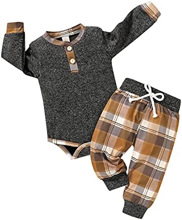 I'm so thankful Newborn Baby Boy Fall Clothes Infant Plaid Long Sleeve  Button Romper and Pants Set Winter Outfits 0-18 Months (Baby Khaki Plaid  Outfits, 3-6 Months) price in Saudi Arabia |