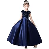 dideyttawl Girls Satin Sequins Party Dress Short Sleeves Long Formal Dress Big Bow Belt 503DX