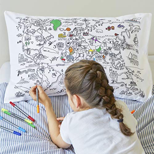 Doodle World Map Pillowcase, Color Your Own Pillow Case, Coloring