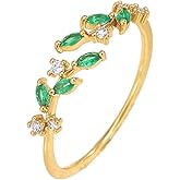 Stringex Trendy Gold Rings for Women Silver Cubic Zirconia Adjustable Rings Dainty Stackable Ring Bling Green Crystal Leaf Ring Aesthetic Everyday Jewelry