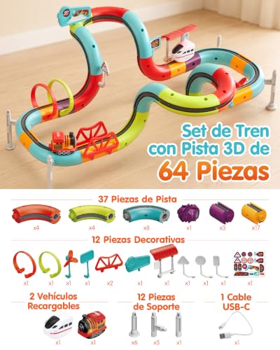 hahaland Electric Train Toy Kids 64 Pieces, DIY 3D Building Kit with Anti-Gravity Track, 2 USB-C Rechargeable Vehicles, Creative Stem Toy, Gift Boy Girl 3 4 5 6 Years Old