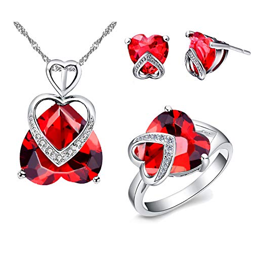 Uloveido Women's Red Cubic Zirconia Love Heart Necklace Stud Drop Earrings and CZ Promise Rings Birthday Christmas Gifts Presents Idea for Girl-friend Women (Red, Size 9) T086